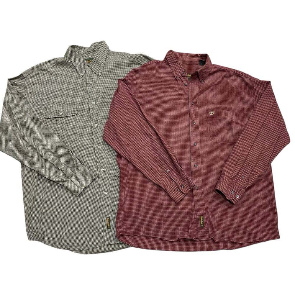 Lot 2 Timberland Shirt Mens Large Button Down Up Red Green Plaid Cotton Classic